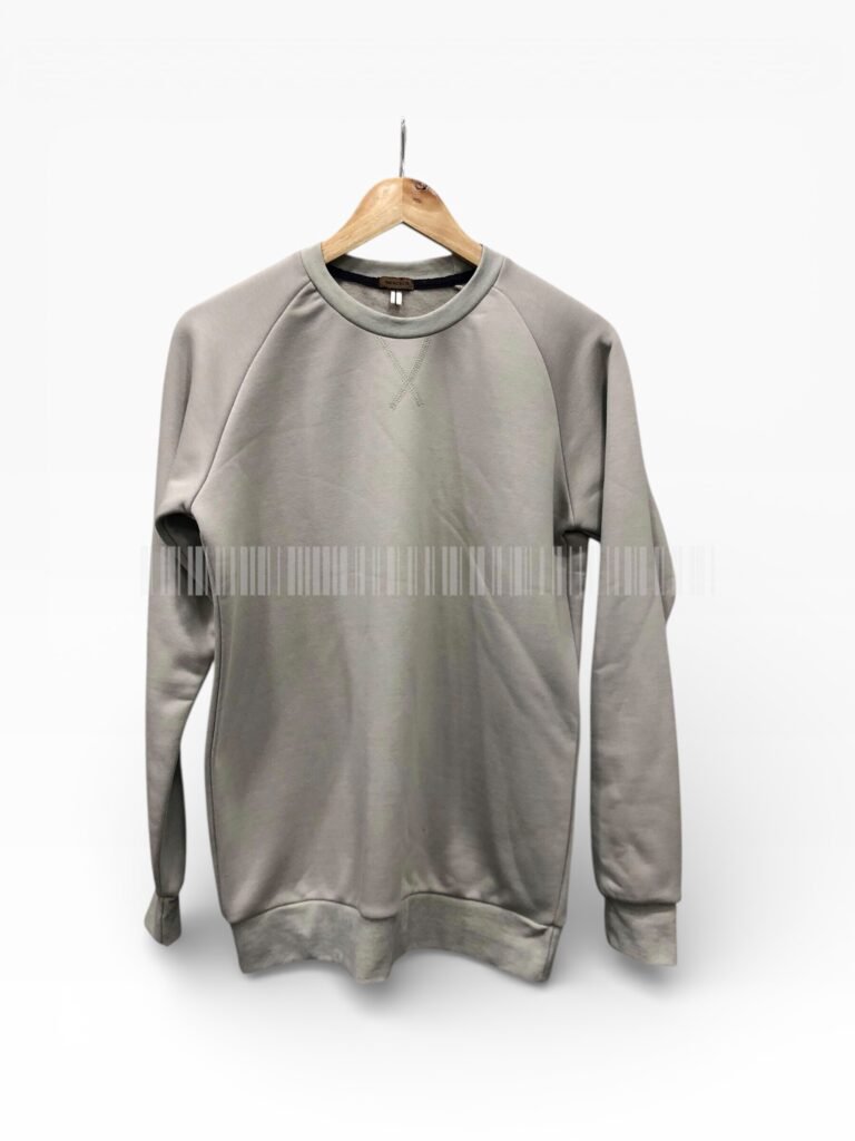 Light grey long-sleeve sweatshirt on a hanger.