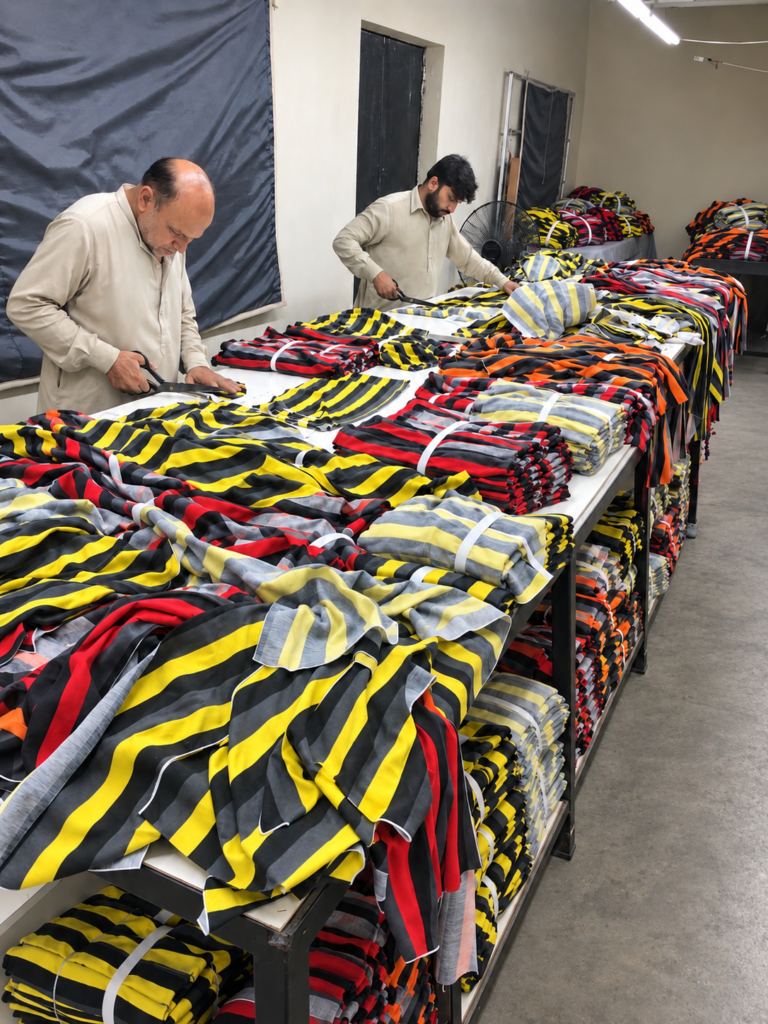 Workers preparing striped garment panels on a production table.
