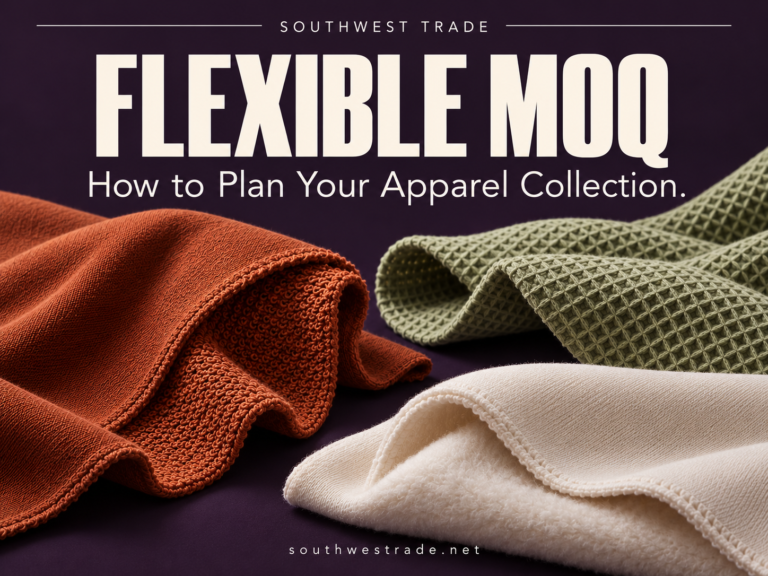 Flexible MOQ guide with French terry, waffle and cotton fleece fabric illustrations