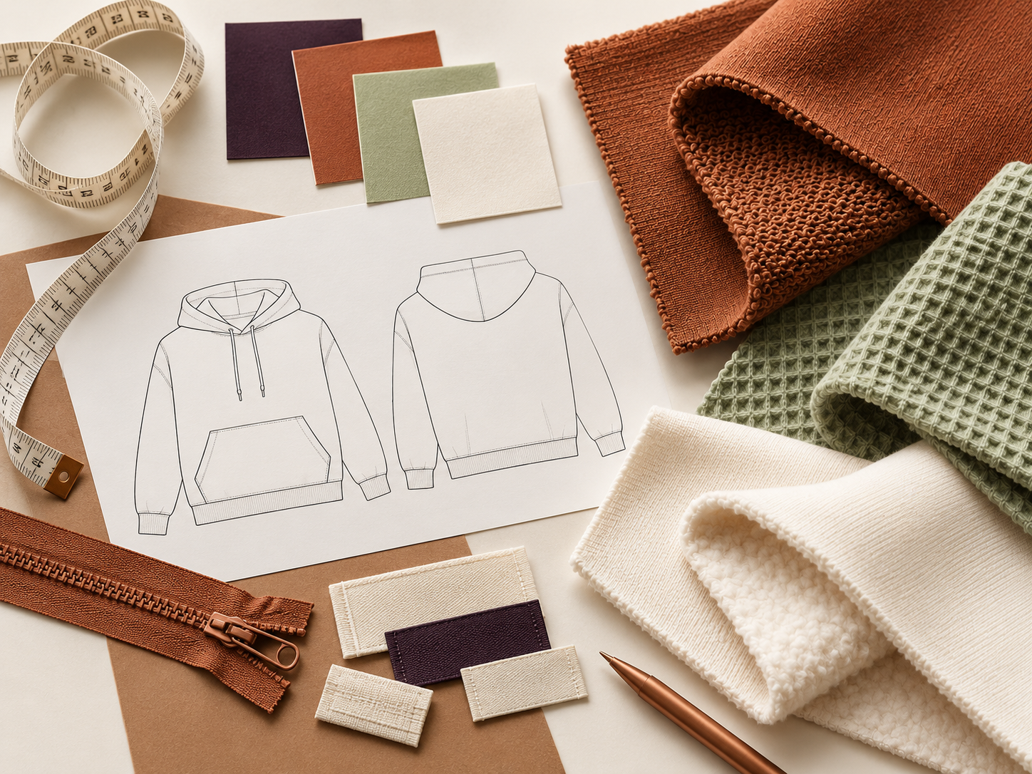 Illustrative garment production brief with fabric and trim samples